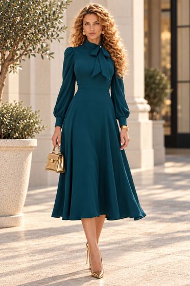 Rochie din material fluid verde-petrol midi în clos cu guler tip eșarfă - StarShinerS