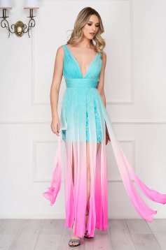 Rochie Sherri Hill albastru aqua de lux din voal cu aplicatii cu paiete si suprapunere de material