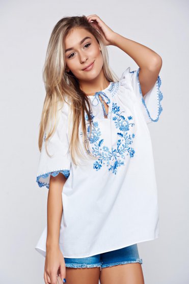 Blue easy cut cotton embroidered women`s blouse