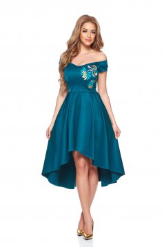 StarShinerS green dress occasional midi asymmetrical cloche from satin with embroidery details