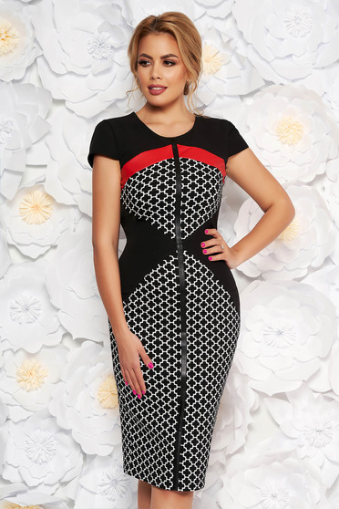 Rochie StarShinerS neagra office tip creion din material elastic cu maneca scurta