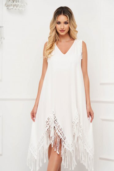- StarShinerS white dress asymmetrical fringes thin fabric