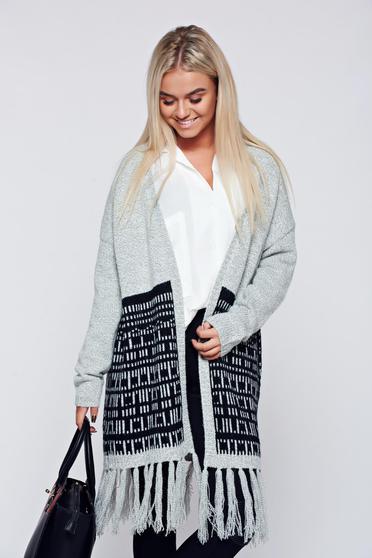 Cardigan Top Secret gri-deschis casual tricotat cu franjuri