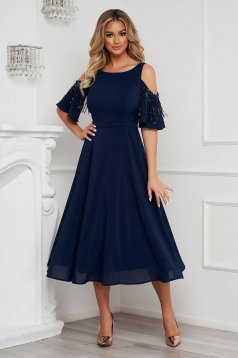 Mid-length Dark Blue Chiffon Dress with Sequin Applications - StarShinerS Flared