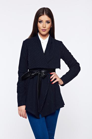 Cardigan PrettyGirl albastru-inchis cu croi larg cu dungi verticale din lana