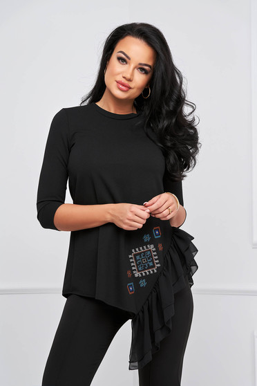 StarShinerS black embroidered asymmetrical cut women`s blouse with ruffle details