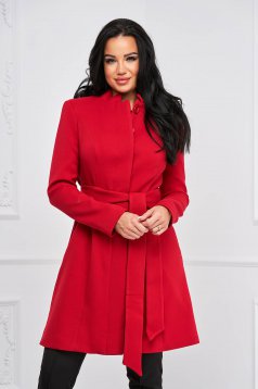 Cloche with inside lining accessorized with tied waistband elegant with bow red overcoat