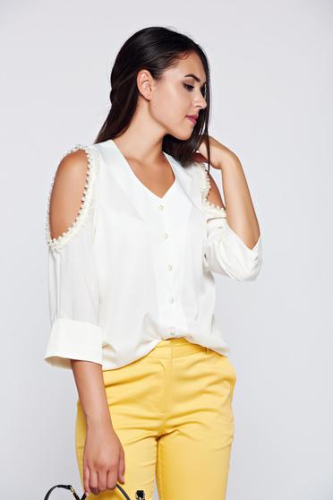 PrettyGirl nude elegant women`s shirt with both shoulders cut out and pearl embellished details
