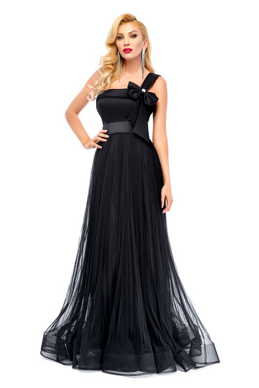 Rochie de ocazie Ana Radu neagra din voal cu accesoriu in forma de fundita