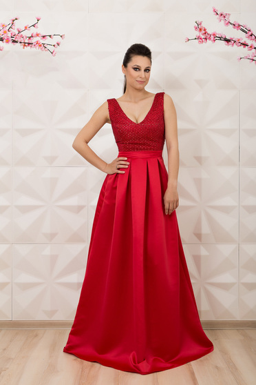 Rochie Fofy rosie de ocazie lunga in clos cu decolteu
