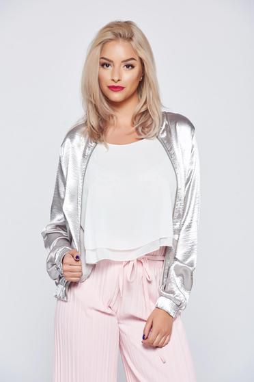 Geaca casual cu maneca lunga argintie cu aspect metalic