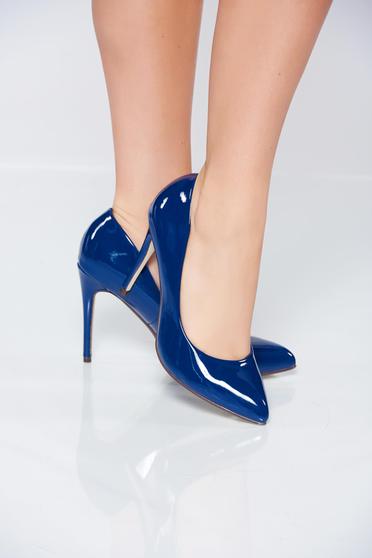 Pantofi stiletto albastri eleganti cu aspect metalic din piele ecologica