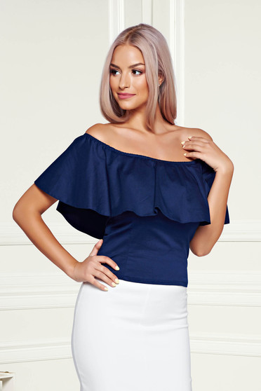 Top StarShinerS albastru-inchis casual pe umeri cu volanase
