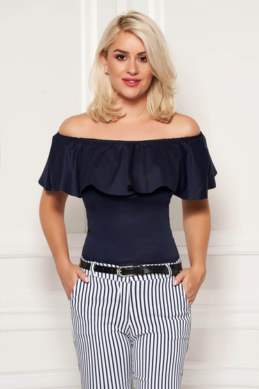 Top StarShinerS albastru-inchis casual pe umeri cu volanase