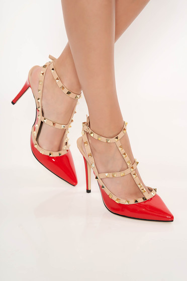 High heels red stiletto shoes with metallic spikes