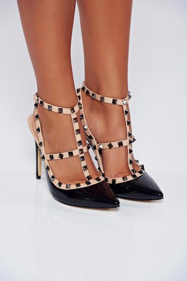 Pantofi stiletto negri cu toc inalt din piele ecologica lacuita cu tinte metalice