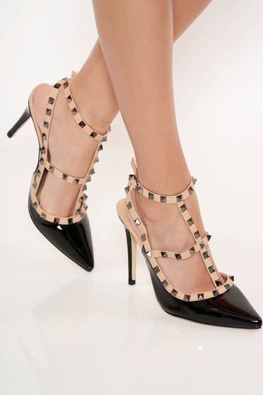Pantofi stiletto negru eleganti din piele ecologica lacuita cu toc inalt si tinte metalice