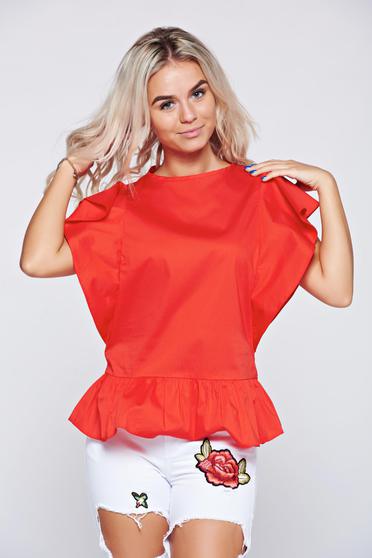Cotton LaDonna red casual women`s blouse with ruffled sleeves