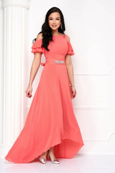 Dresses with rhinestones, Asymmetrical Long Coral Veil Dress with Cut Shoulders - StarShinerS - StarShinerS.com