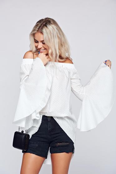 PrettyGirl white cotton women`s blouse with bell sleeve