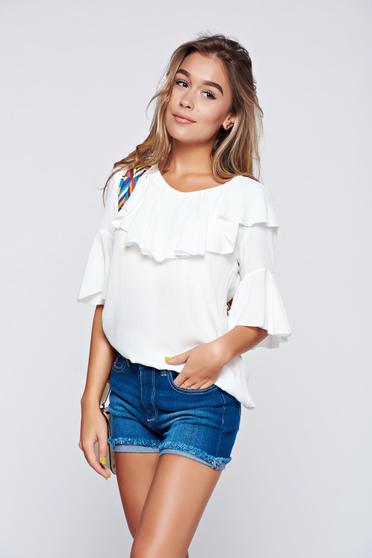 PrettyGirl white women`s blouse with ruffle details and easy cut