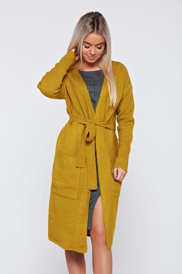 Top Secret mustard yellow casual flared cardigan accessorized with tied waistband