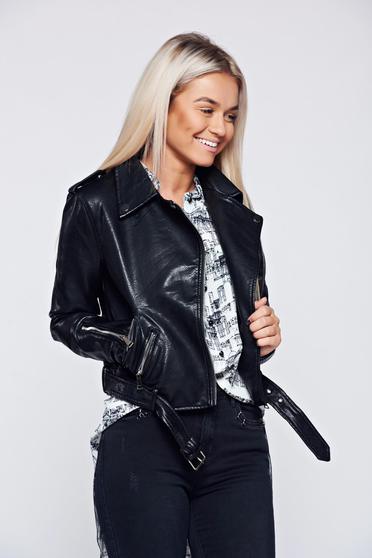Casual ecological leather black jacket accessorized with tied waistband