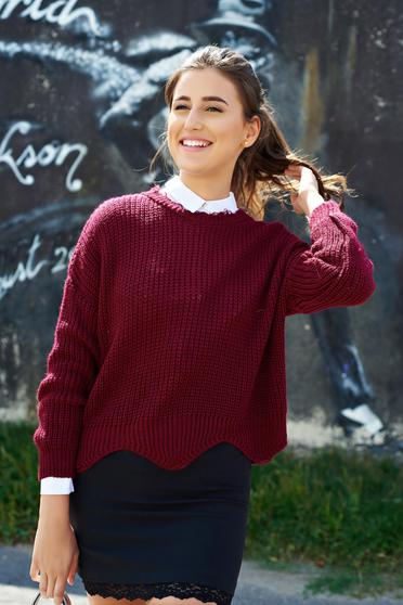 Burgundy casual knitted sweater with cut-out edge