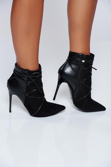 Black high heels office ankle boots with laced details