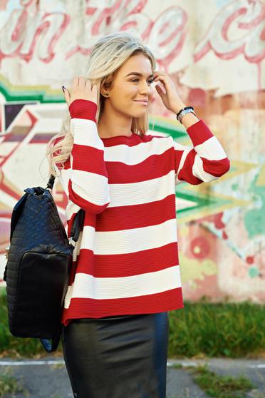 Pulover SunShine rosu casual scurt tricotat cu croi larg cu maneci lungi si dungi