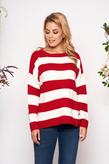 Pulover SunShine rosu casual scurt tricotat cu croi larg cu maneci lungi si dungi