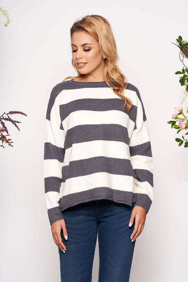 Pulover SunShine gri casual scurt tricotat cu croi larg cu maneci lungi si dungi