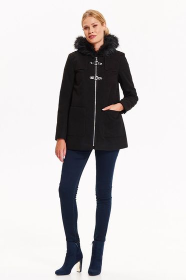 Palton Top Secret negru scurt casual cu croi larg cu buzunare cu gluga imblanita si inchidere cu fermoar