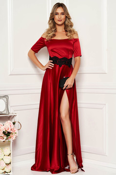Artista occasional burgundy dress with satin fabric texture embroidery details