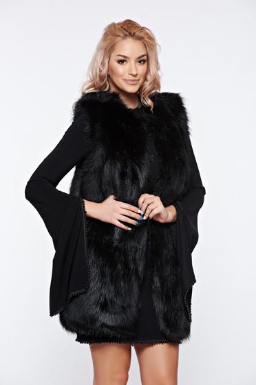 Black casual ecological fur gilet with straight cut