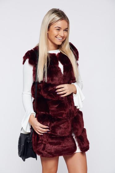 Burgundy casual ecological fur gilet with pockets