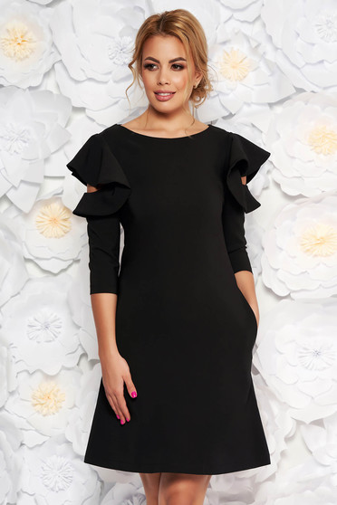 Rochie LaDonna neagra de zi cu croi in A din stofa usor elastica cu volanase la maneca
