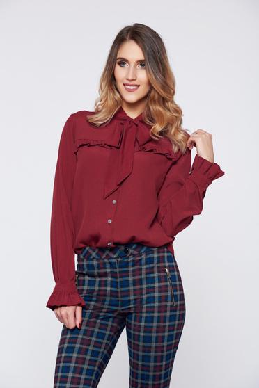 PrettyGirl burgundy elegant women`s shirt with ruffled sleeves