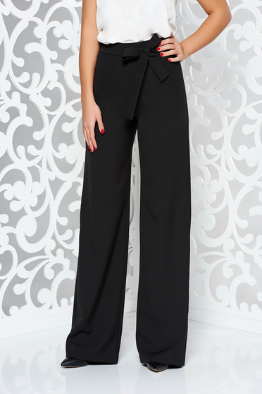 Pantaloni StarShinerS negri eleganti evazati cu talie inalta din stofa usor elastica accesorizati cu cordon