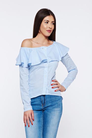 Blue casual women`s shirt with ruffle details and asymmetrical cut