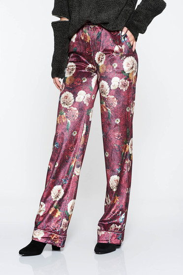 PrettyGirl burgundy casual trousers with medium waist with floral print