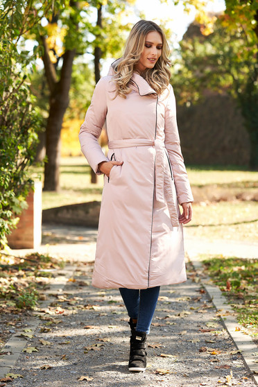 Geaca rosa casual lunga accesorizata cu cordon cu gluga nedetasabila
