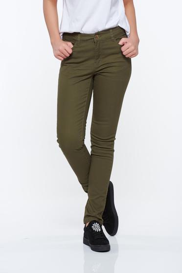 Pantaloni Top Secret khaki casual cu talie medie din bumbac elastic cu buzunare