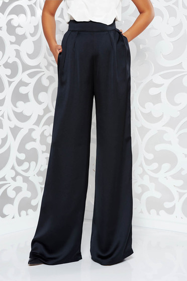 Black StarShinerS elegant high waisted flared from satin trousers