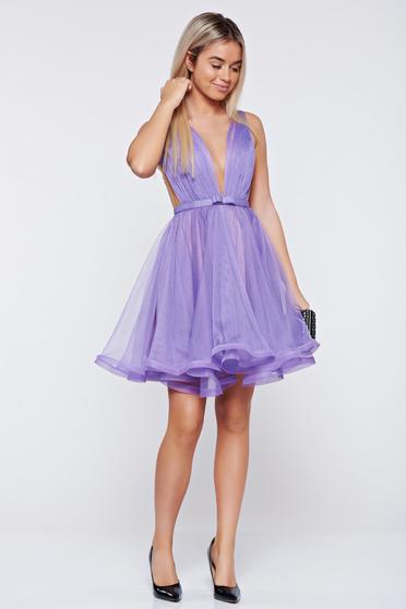 Rochie Ana Radu lila de lux in clos din tul captusita pe interior cu decolteu accesorizata cu cordon