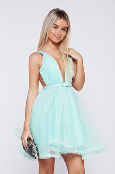 Ana Radu cloche mint luxurious dress with a cleavage from tulle with inside lining accessorized with tied waistband