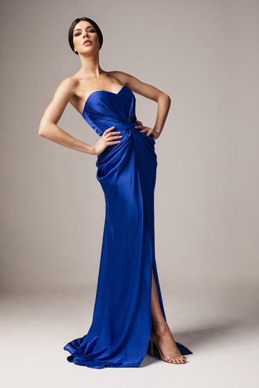 Ana Radu luxurious off shoulder dress from satin fabric texture with push-up bra accessorized with tied waistband blue