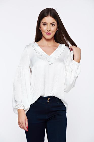 LaDonna white elegant women`s blouse with satin fabric texture with v-neckline