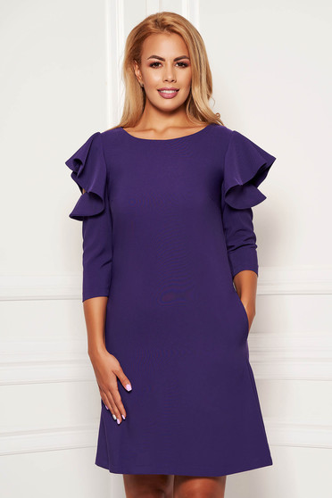 Rochie LaDonna mov eleganta de zi din stofa usor elastica cu croi in a si volanase la maneca