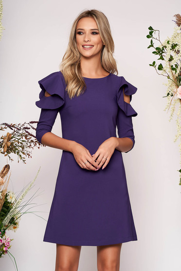 Rochie LaDonna mov eleganta de zi din stofa usor elastica cu croi in a si volanase la maneca